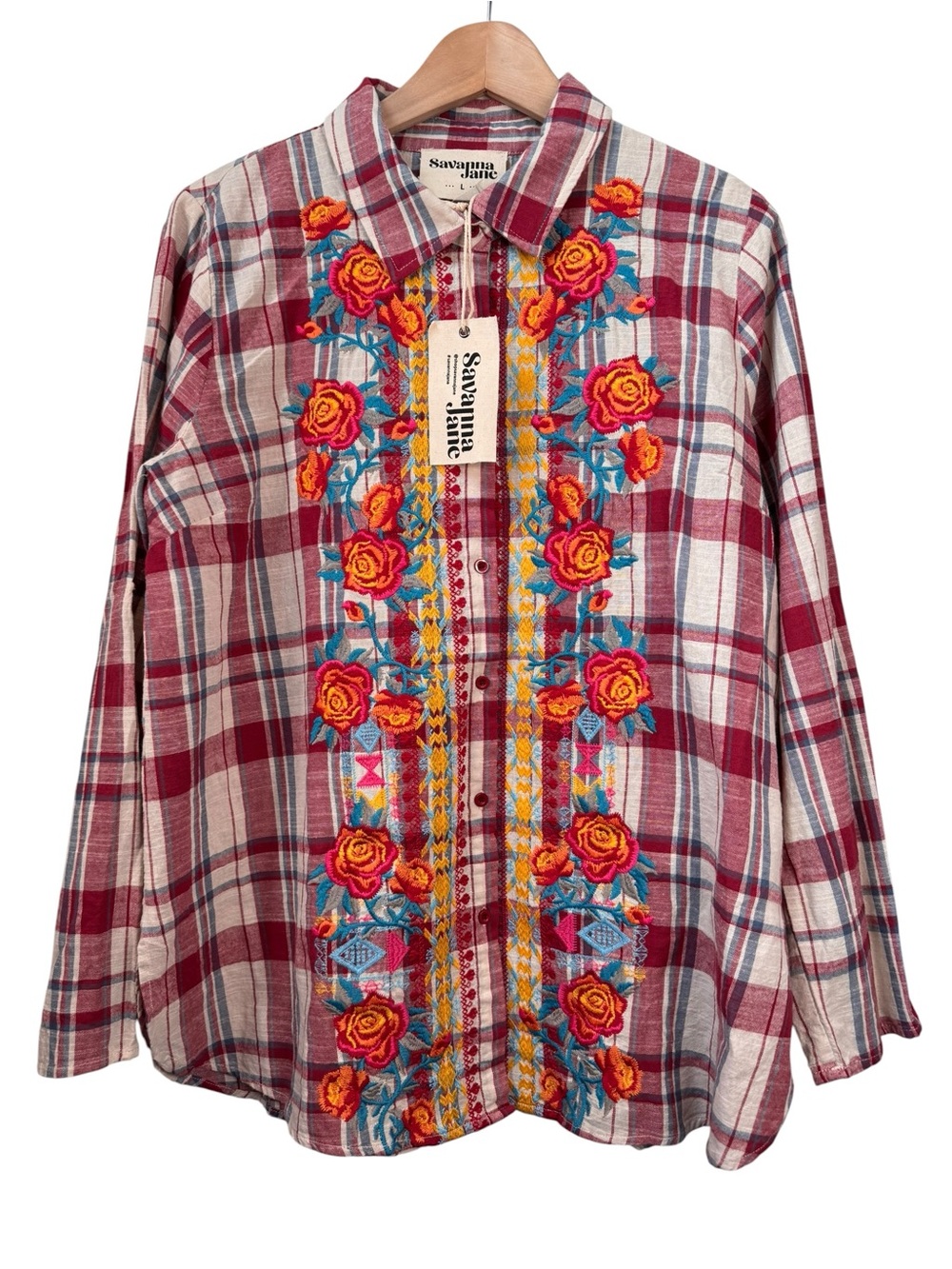 Savanna Jane Red Plaid Embroidered Floral Button Up Shirt Size Large NWT